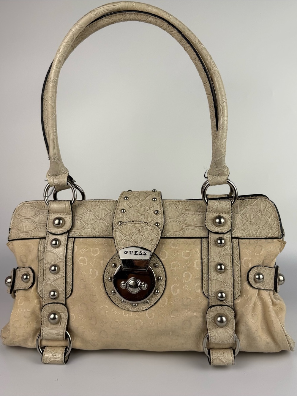 GUESS Roma Monogram Shoulder Bag Beige Studded Buckle Y2K Purse
